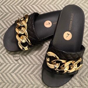 Steve Madden Black and Gold Women's Slide Sandals